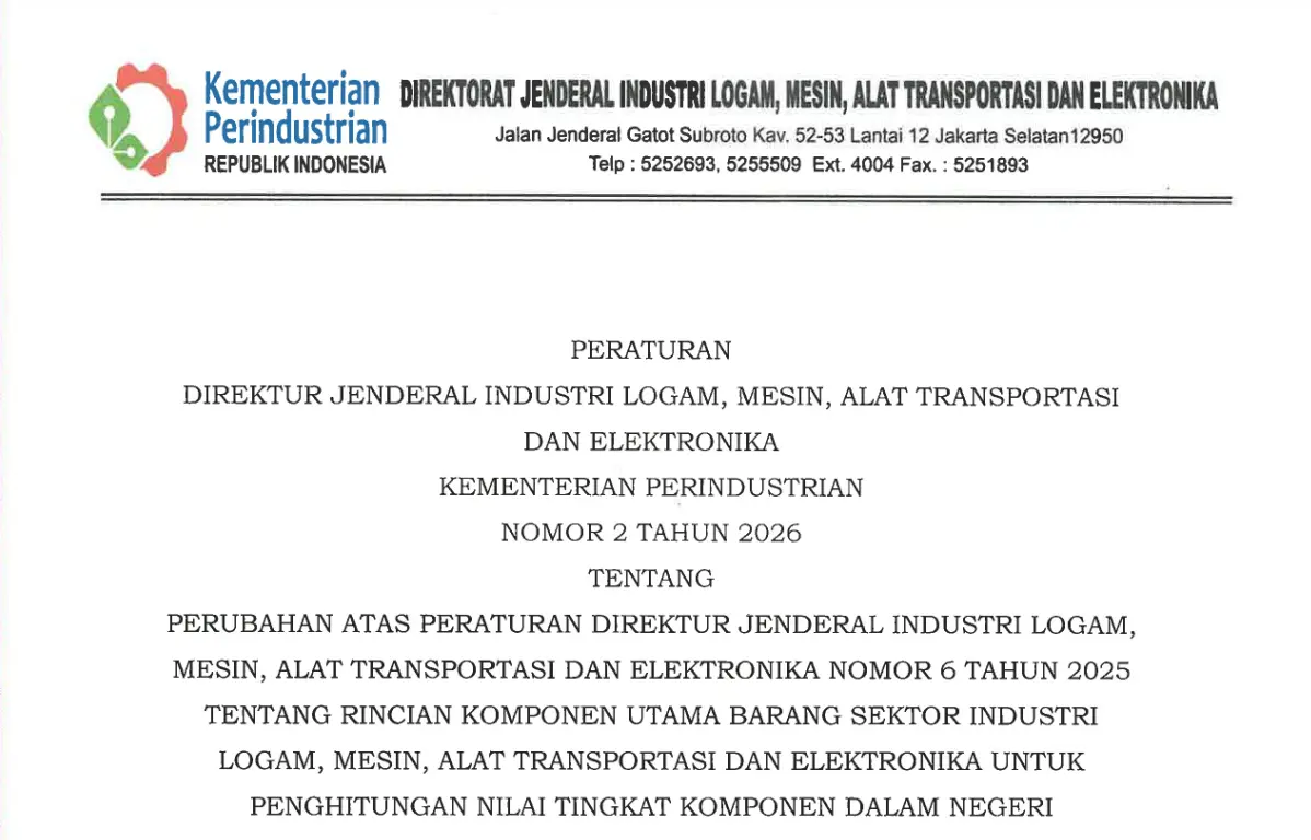 Perdirjen ILMATE no. 2 Tahun 2026 Rincian Komponen Utama Barang Sektor ILMATE