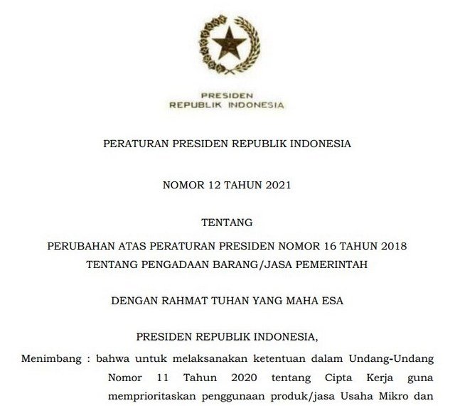 Peraturan Presiden (PERPRES) Nomor 12 Tahun 2021